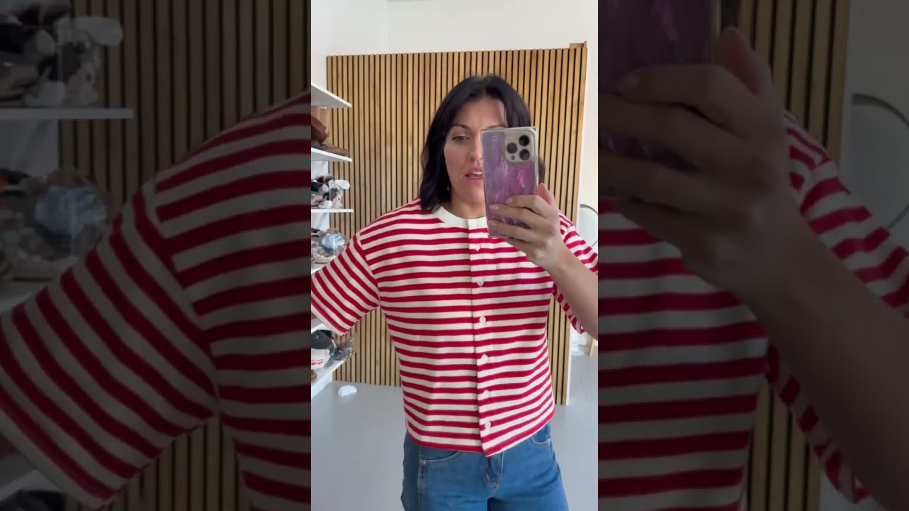 The Splendora Striped Button-Up Blouse in Red + Cream