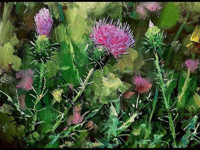 Drawing thistle  Рисуем Чертополох   Oil painting for beginners