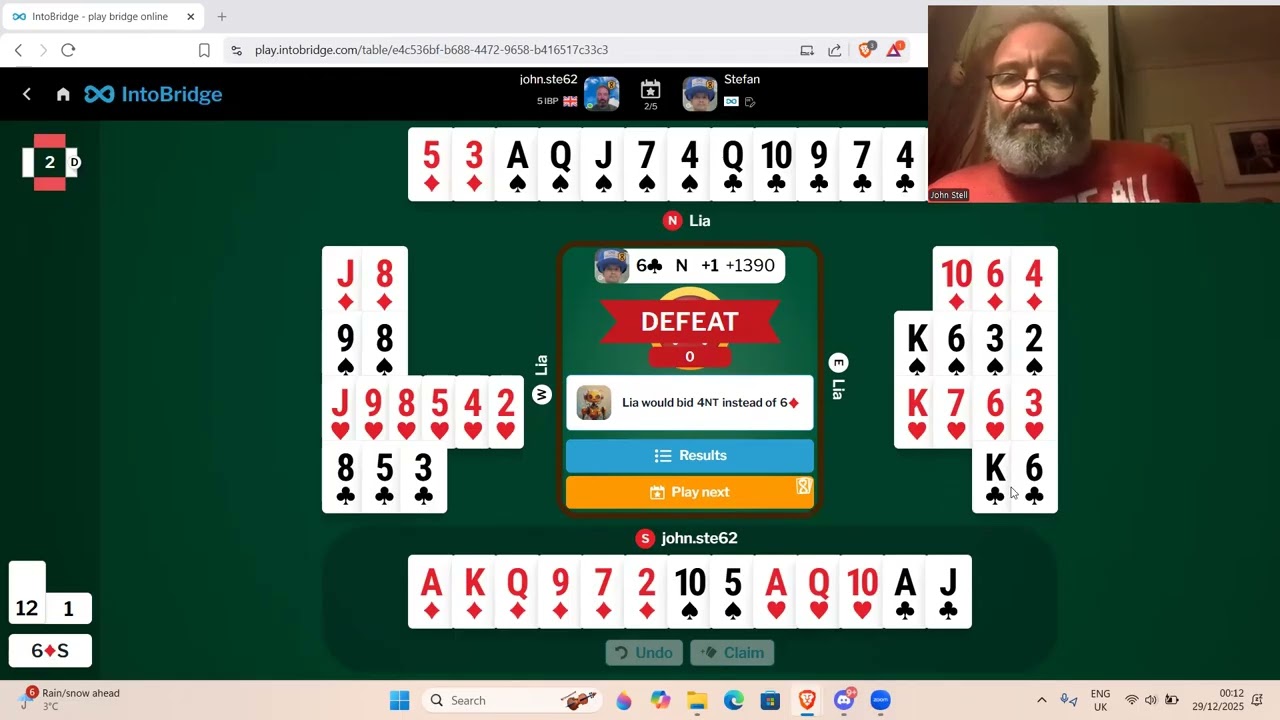 Я против опытного игрока в бридж Стефана Скорчева — 28 декабря 2025 года.