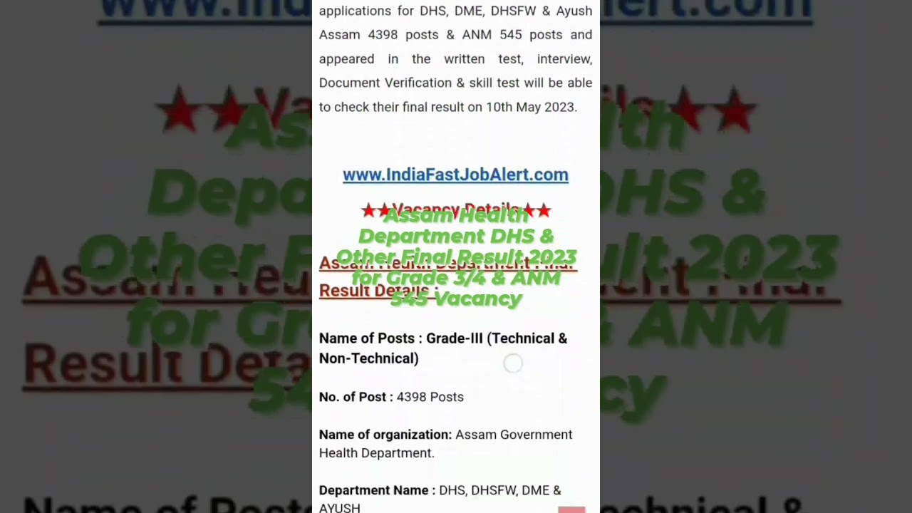 Assam Health Department DHS & Other Final Result 2023 for Grade 3/4 & ANM 545 Vacancy....