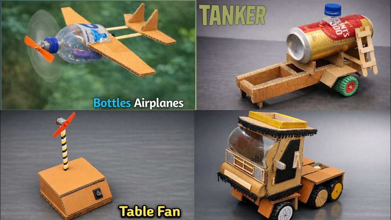 4 Amazing Science Projects in One Video | Bottle Airplane, Tanker, Table Fan & Mini Truck