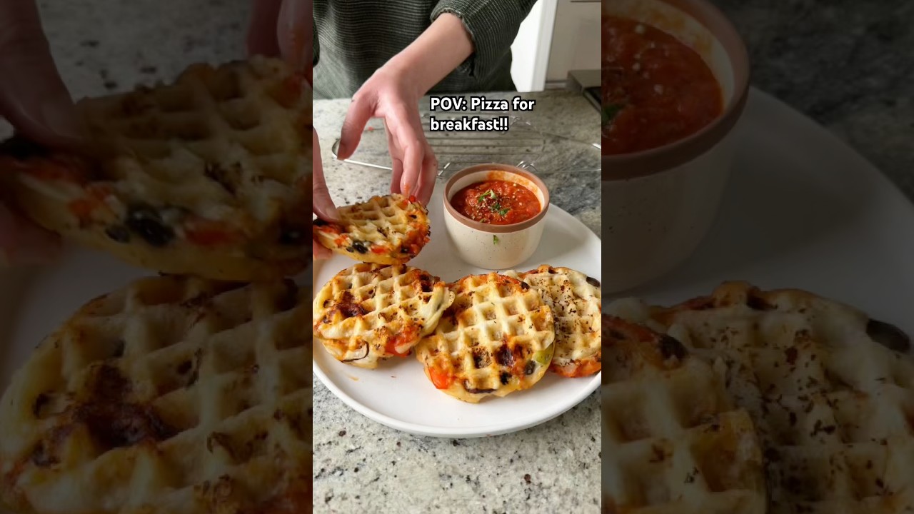 Pizza for Breakfast!! Pizza dough batter, veggies, mushroom, cheese = crispy waffles! #shorts #pizza