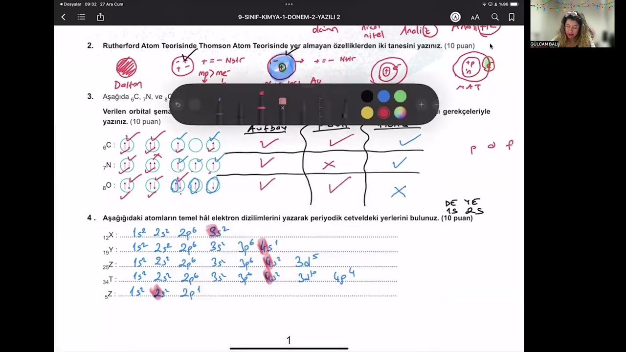 9. Sınıf Kimya Yeni Müfredat 1. Dönem 2. Sınav (2.Senaryo ) yazılı çalışması 2024 /2025