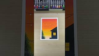 ✨ Easy sunset house painting l sunset landscape with oil pastel art #shorts #art #ytshorts #drawing