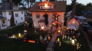 Drone Halloween Display at night  - (4K drone video)