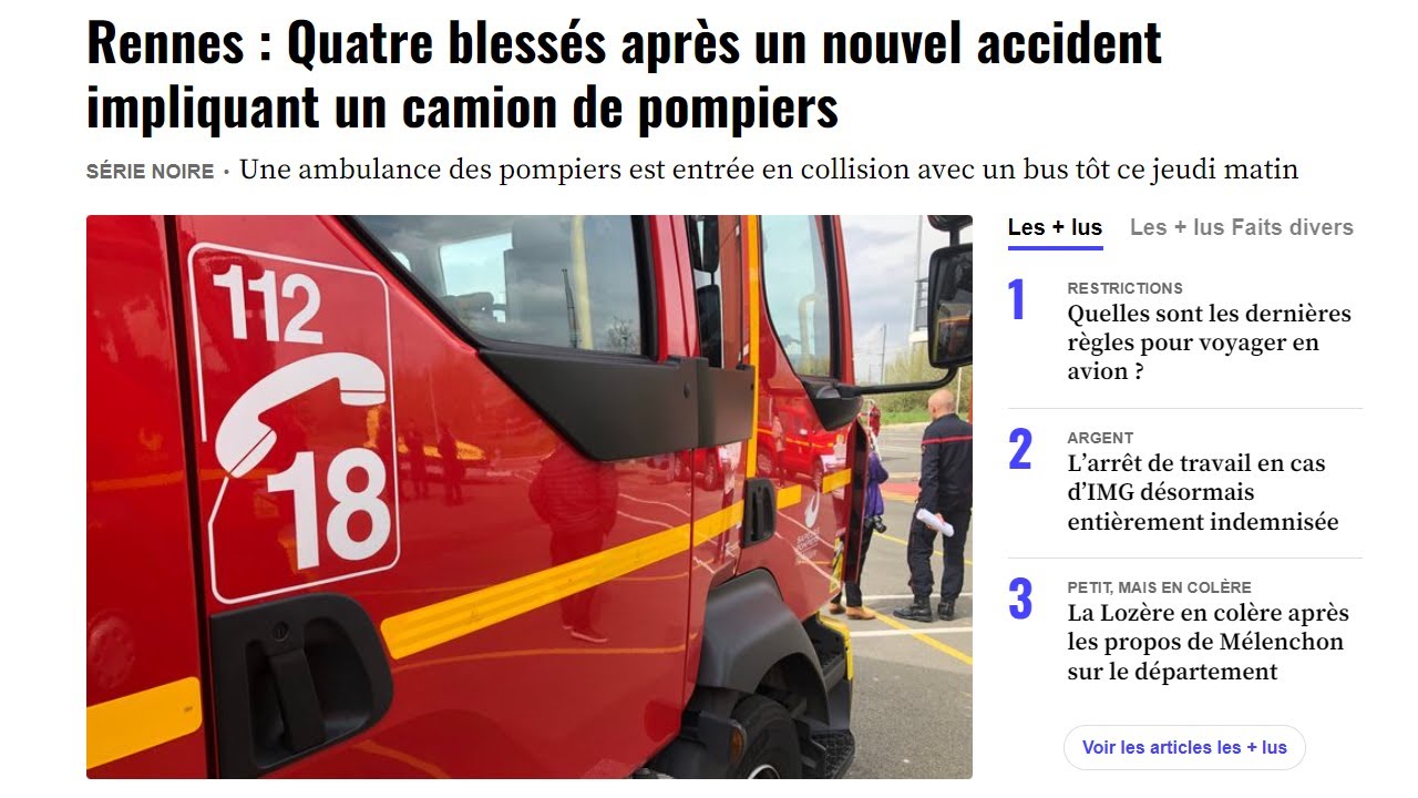 Rennes : Quatre blessés après un nouvel accident impliquant un camion de pompiers