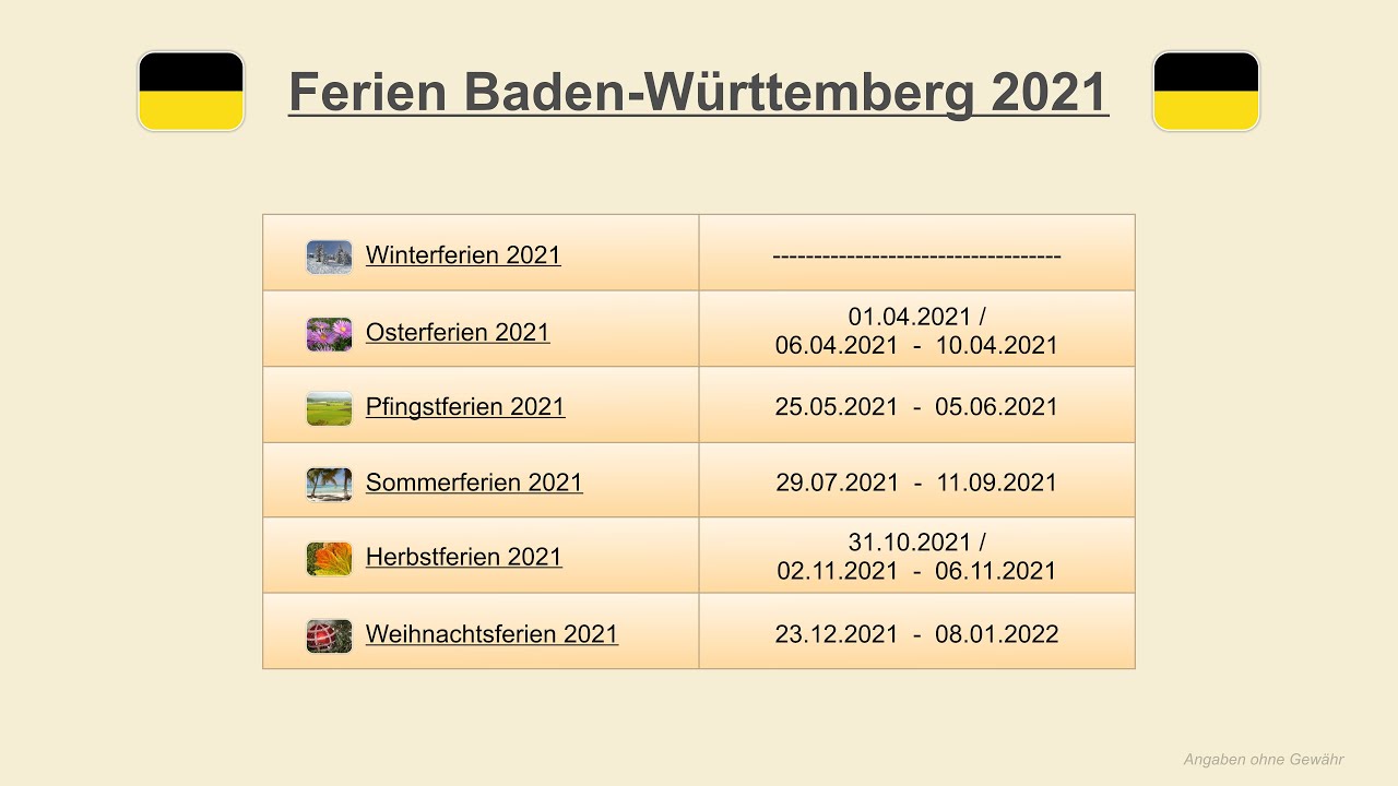 Ferien Baden Württemberg 2021