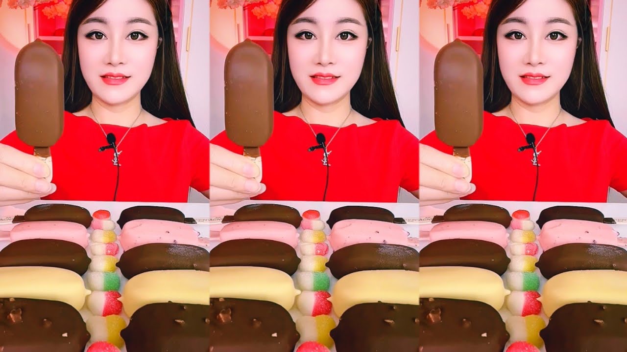 Chocolate, strawberry, banana, crispy ice cream eating Asmr