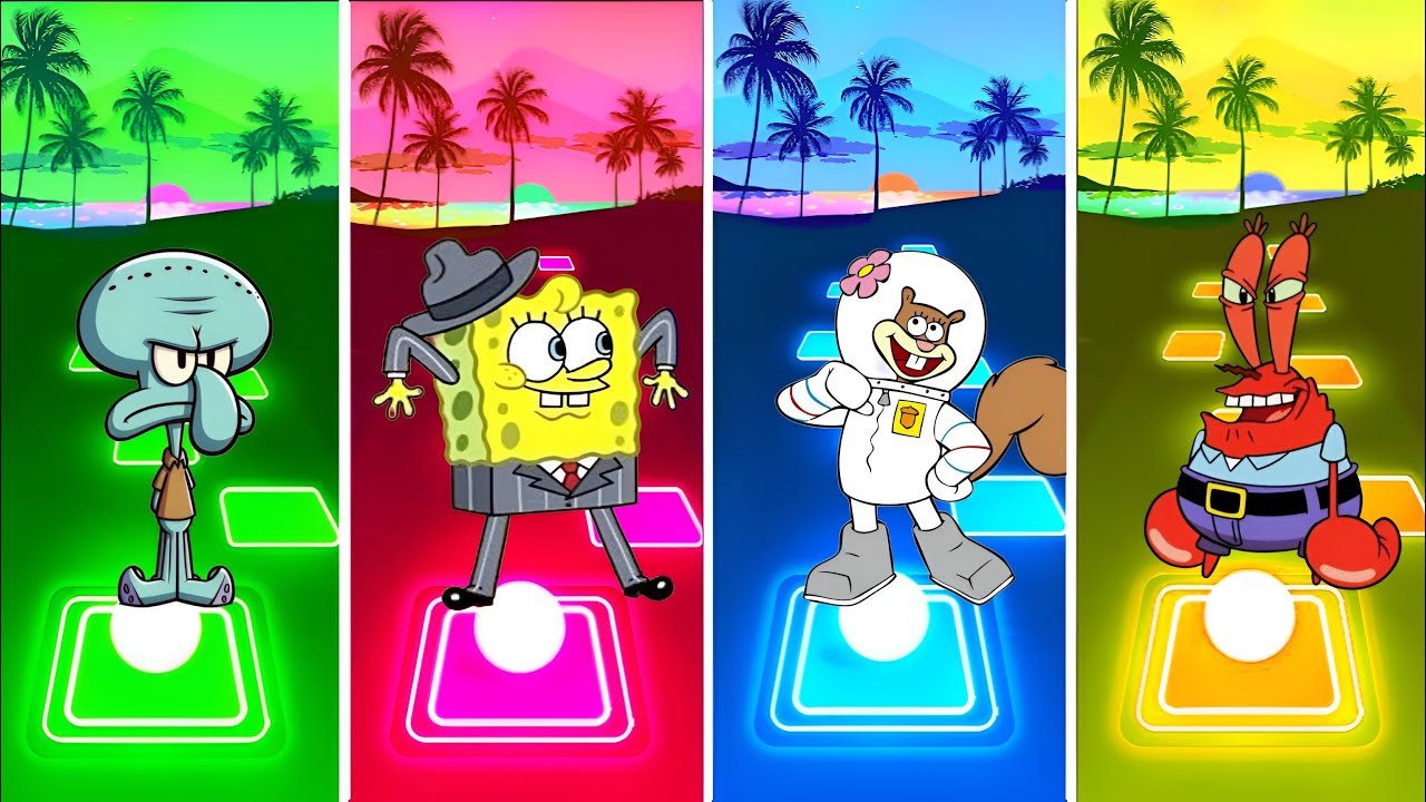 Tiles Hop Battle | Squidward 🆚️ Spongebob 🆚️ Sandy 🆚️ Mr Krabs