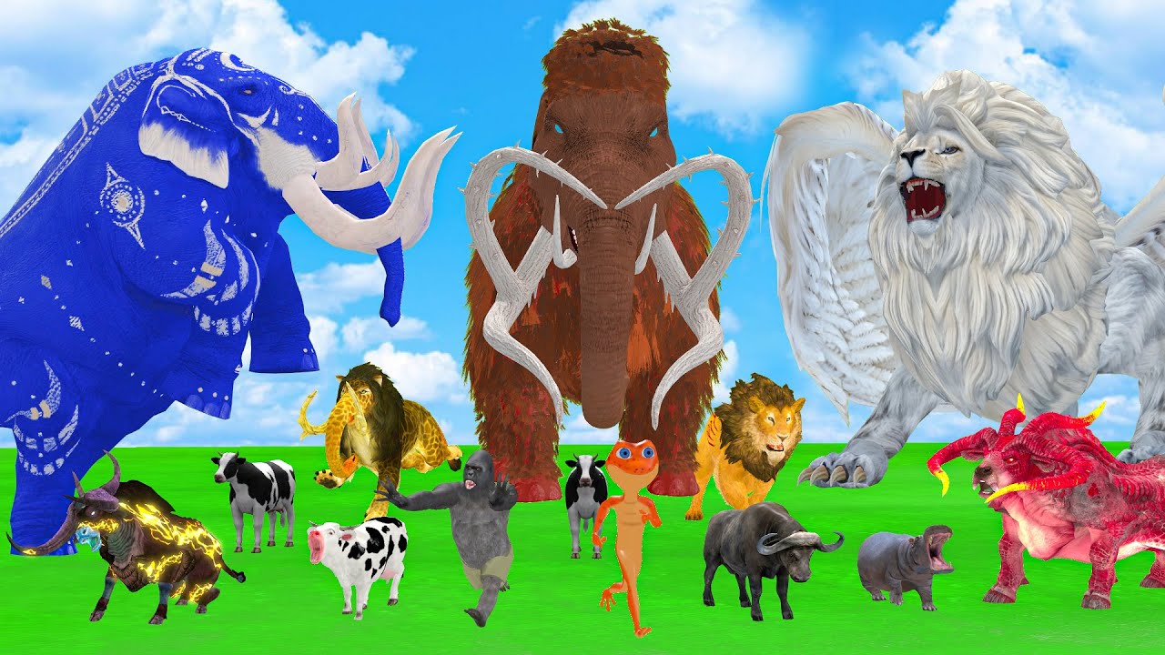 5 giant baby elephants fight 5 Giant Lion Tiger Bull Zombie Attack Cow Calf Saved by mammoth