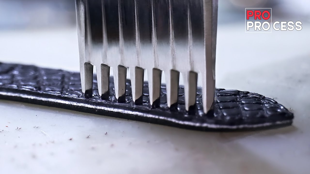 The process of making a watch strap out of crocodile leather by a professional leatherworker