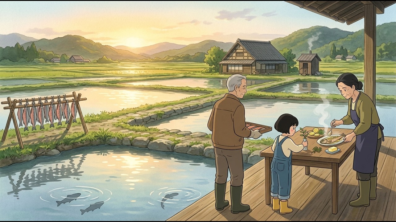 a cozy day at a japanese salmon farm asmr | smoked trout & lemon butter fish | ghibli-style