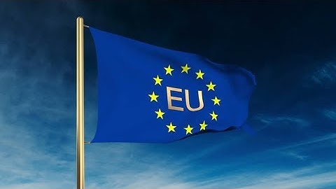 4K Europe flag slider style with title EU. Waving in the win with cloud background animation Stock