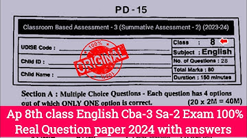 8th class english cba-3 Sa2 question paper 2024 and answers|Ap 8th Sa2 english question paper 2024