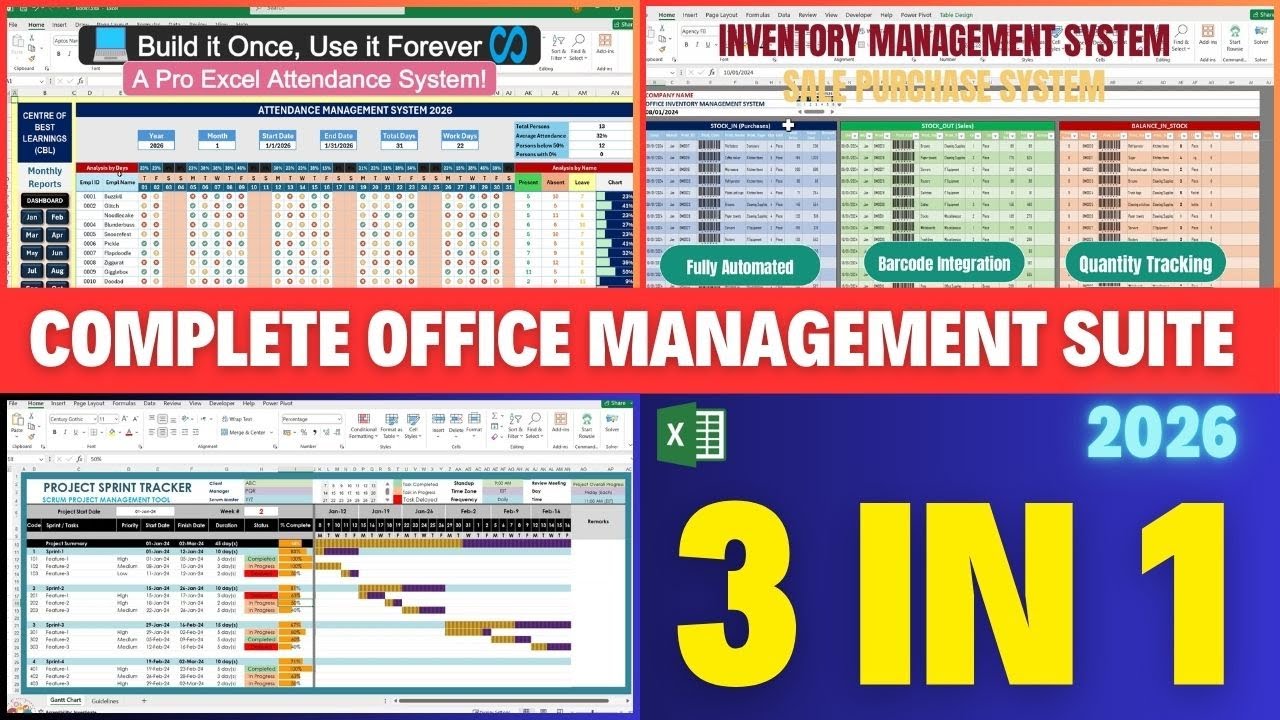Excel Office Suite 2026: Build 3 Apps in 1 (Attendance Sheet, Sprint Tracker, Inventory Dashboards)