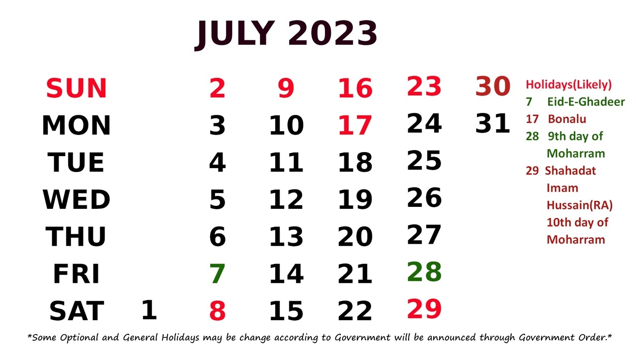 July Calendar 2023 - YouTube