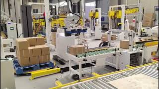 Collaborative robots cobot palletiser combined with pallet wrapper case sealler and box strapper