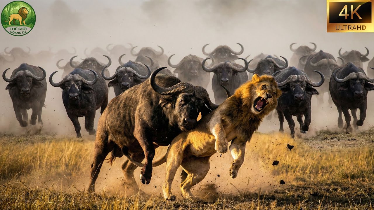 Bầy Trâu Nổi Giận Truy Đuổi Sư Tử – Khoảnh Khắc Sinh Tử Nghẹt Thở Trên Thảo Nguyên