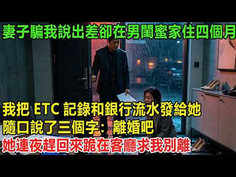 妻子騙我說出差卻在男閨蜜家住了四個月，我把ETC記錄和銀行流水發給她，隨口說了三個字：離婚吧，她連夜趕回來跪在客廳求我別離