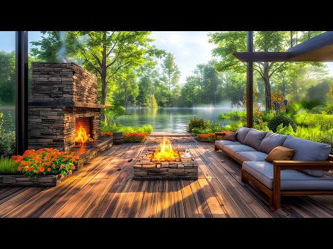 Warm Lakeside Porch Atmosphere & Sweet Spring Jazz Music ☕ Relaxing Jazz Background for Study,Work