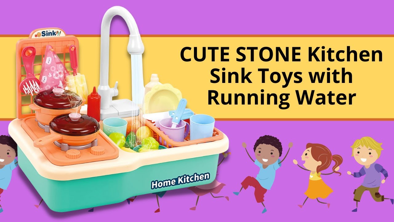 CUTE STONE Play Kitchen Sink Toys with Play Cooking Stove, Cookware Po