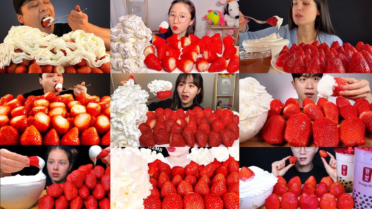 STRAWBERRY & WHIPPED CREAM🍓ASMR MUKBANG COMPILATION🤤 TOO SATISFYING DESSERT SOUNDS!😋