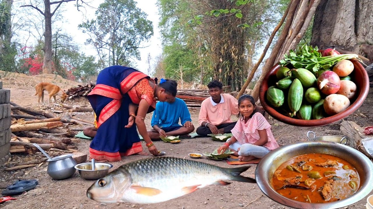 Tribal family cooking ROHU fish curry with vegetables l Scenic village cooking