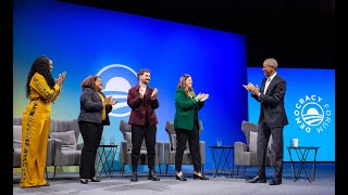 President Obama takes the stage at the Obama Foundation Democracy Forum