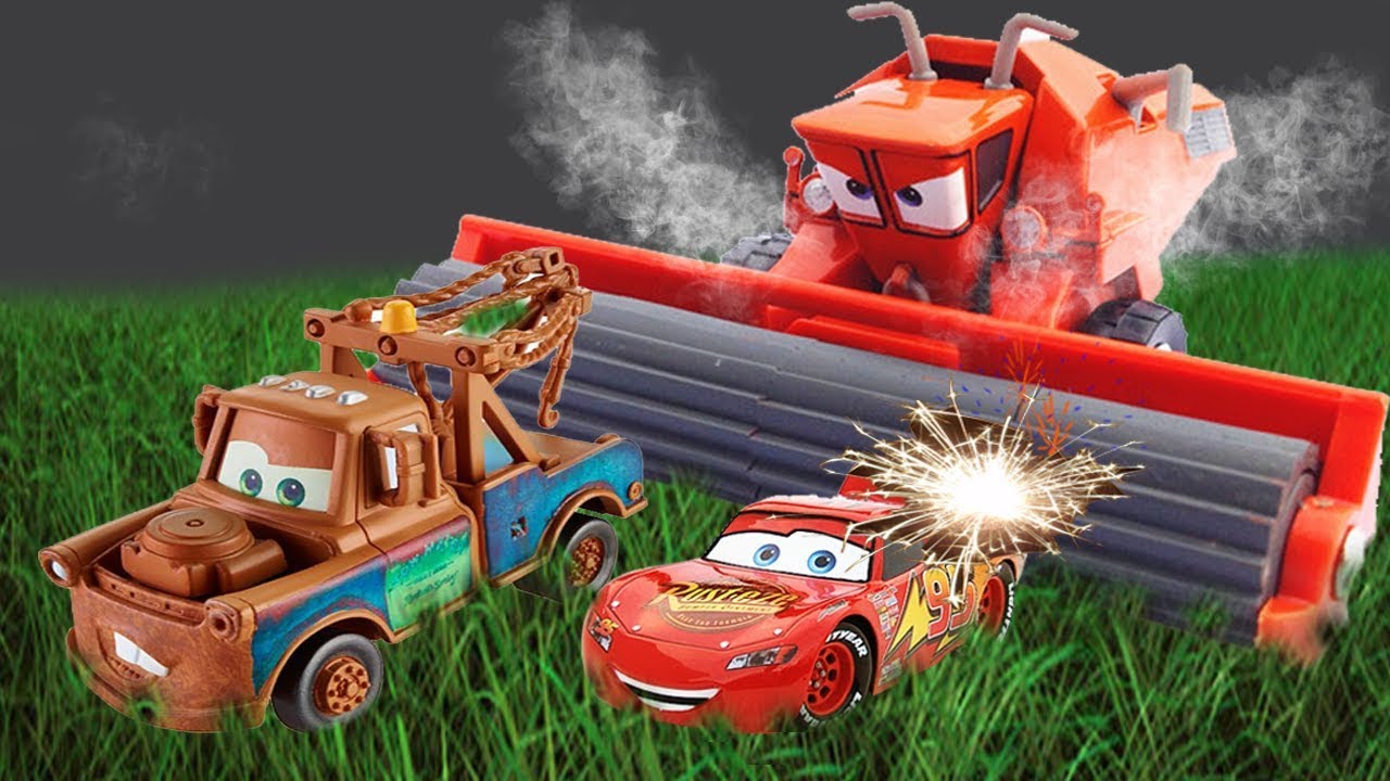 Car toys for kids Mcquen and Mater tractor tipping cow Cars disney