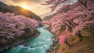 Hidden Japan Cherry Blossoms Along a Crystal River at Sunset ( Must See Spring Scenery )