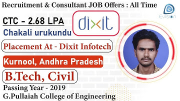 Congrats, Urukundu | Selected in Dixit Infotech | 2.68 LPA | CIVIL ENGINEER, Passing 2019 | Kurnool
