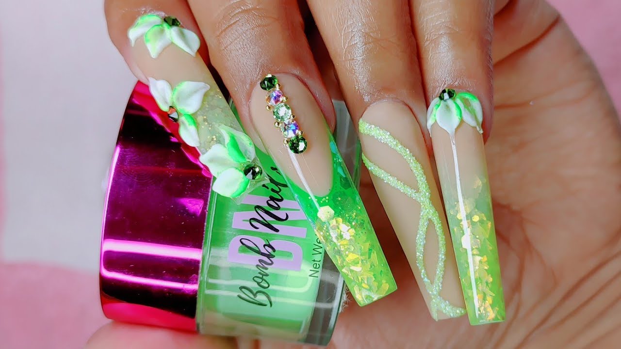 UÑAS ACRILICAS VERDE LIMON PARA VERANO💚🍋/ FLORES MATISADAS EN 3D - thptnganamst.edu.vn