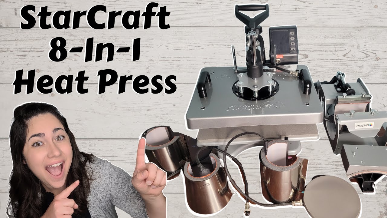 8 in 1 Heat press unboxing and two projects - How to change heat press  attachments Starcraft Hat mug 