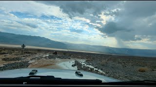 California Death Valley CA-190 road flash flood passing on Jeep Wrangler 4x4