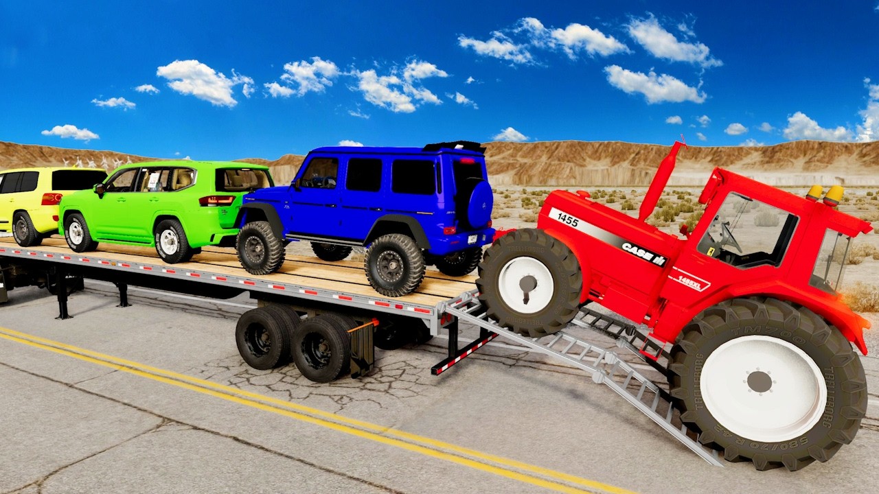 Flatbed Trailer McQueen Transportation with Truck - Speedbumps vs Cars vs Train - BeamNG.Drive #26