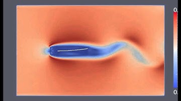 Deformable flag clamped to a square cylinder. Lattice Boltzmann & Immersed boundary methods