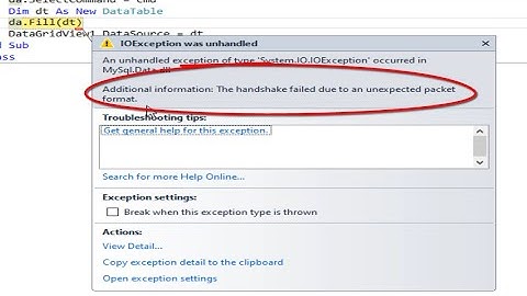 Solve error "The handshake failed due to an unexpected packet format"  in VB. net and mysql