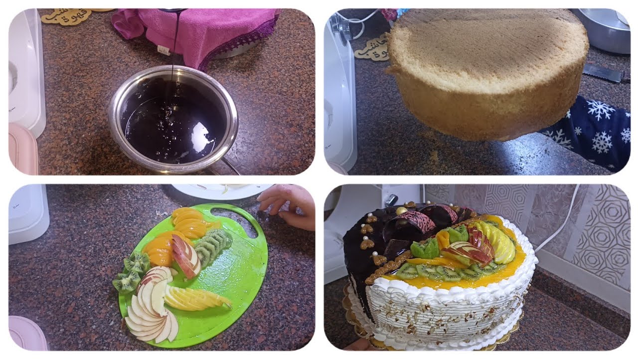 الاسبونج❗جناش اقتصادي❗تقطيع الفاكهة بالتفصيل❗تورته المحلات مقاس٢٨ نص فاكهة ونص شيكولاتة