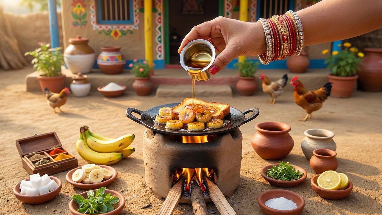 Miniature Indian Honey Banana Toast 🥞🍌 Tiny Village Sweet Cooking | Tiny Foodkey