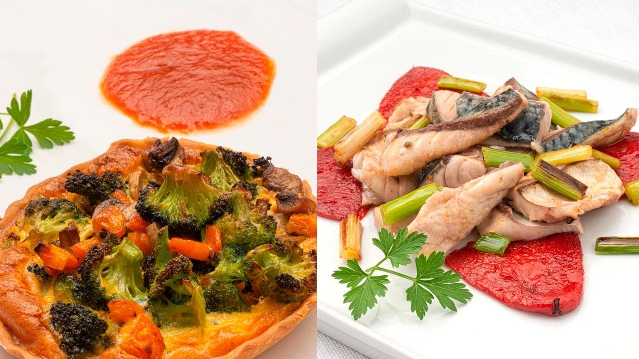 Quiche de brócoli y champiñones - Salteado de verdel con ajetes y piquillos - Cocina Abierta