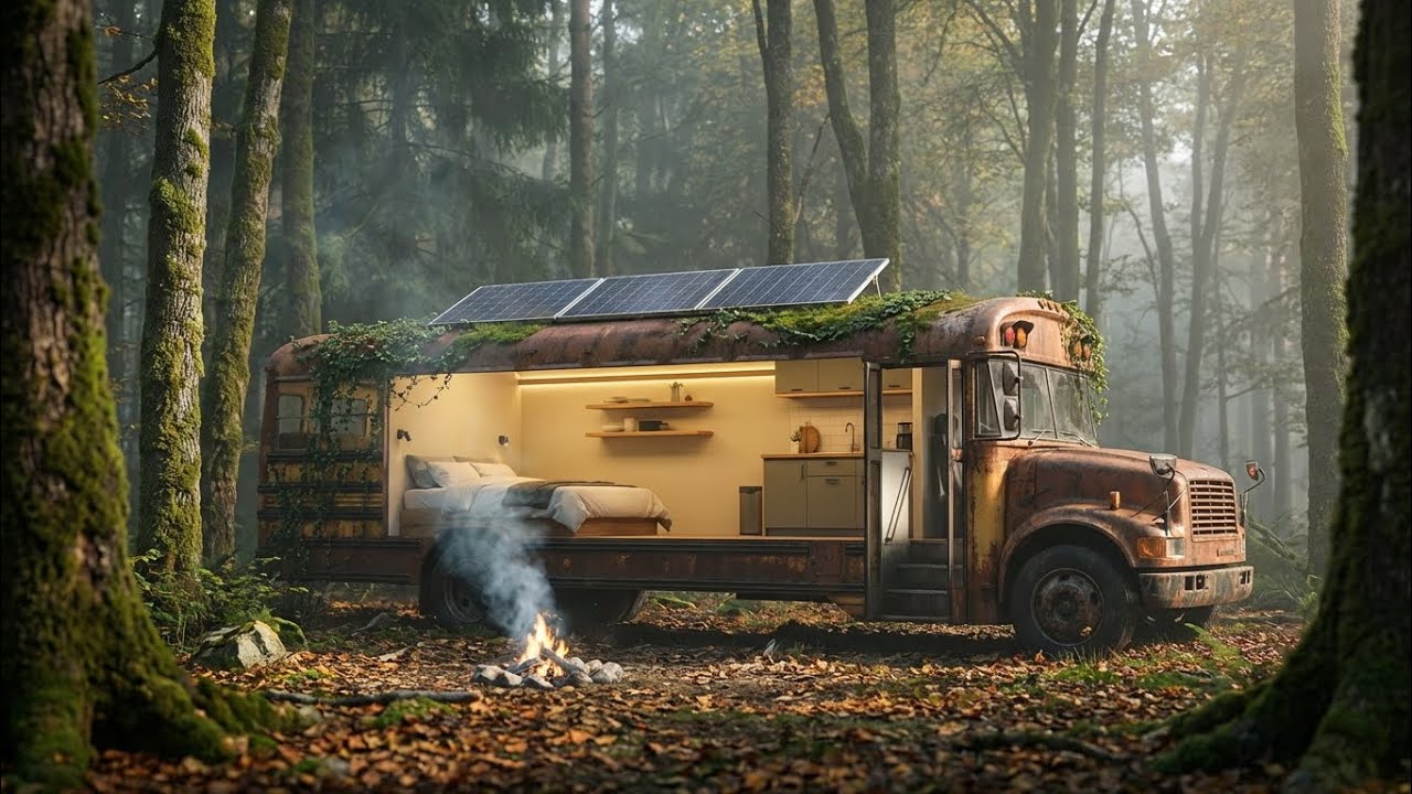Building a Luxury Hotel Inside an Abandoned Bus in the Forest (ASMR)