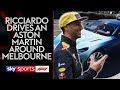 Daniel Ricciardo drives Martin Brundle around in a spray painted Aston Martin