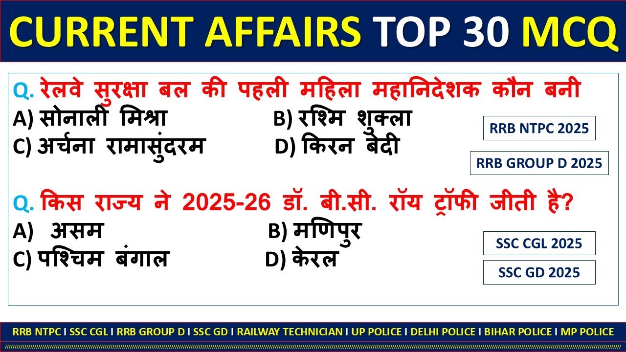 CURRENT AFFAIRS TOP 30 MCQ ll CURRENT AFFAIRS 2025 ll RRB GROUP D 2025 RRB NTPC 2025 
