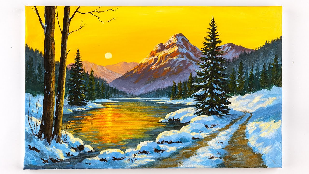 EASY Realistic Winter Mountain Painting Tutorial Acrylic on Canvas ...