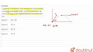 A particle is projected from the ground with a kinetic energy E at an angle of 60° with the hori...