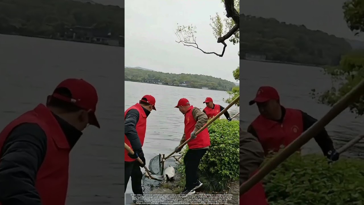 Municipal Workers Removing Dead Fish from Scenic Lake