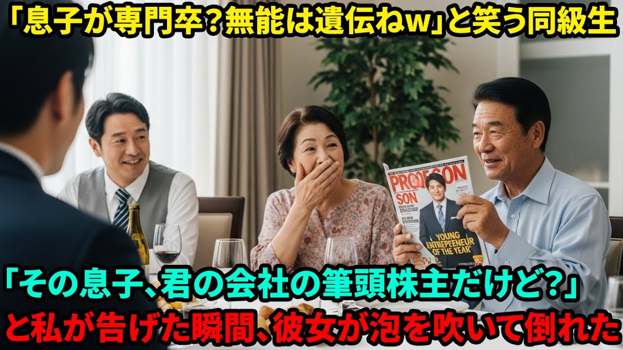 【スカッと】「専門卒の息子なんて恥ずかしくない？w」とマウント取る同級生。俺が「彼、年商50億の社長だよ」と名刺を見せた結果、同級生が失禁w【感動する話】