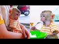 Monkey pupu buys breakfast for his family to eat together