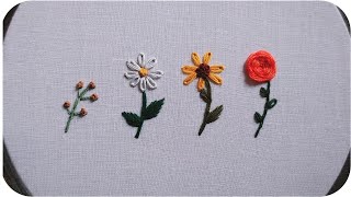HAND EMBROIDERY FOR BEGINNERS | 4 Types Flowers Embroidery Tutorial - Let's Explore