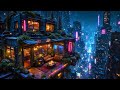 Lofi Ambient – Cozy Green Terrace Overlooking a Snowy Cyberpunk City | Peaceful Night for Study | 4K